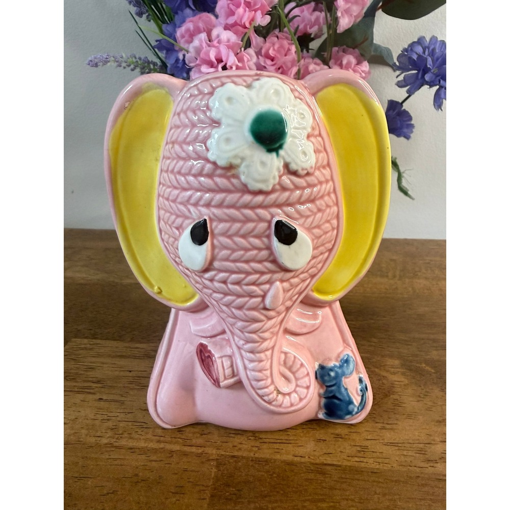 Vintage Japan Pink Elephant Planter Vase Ceramic Nursery Decor Mid Century Retro